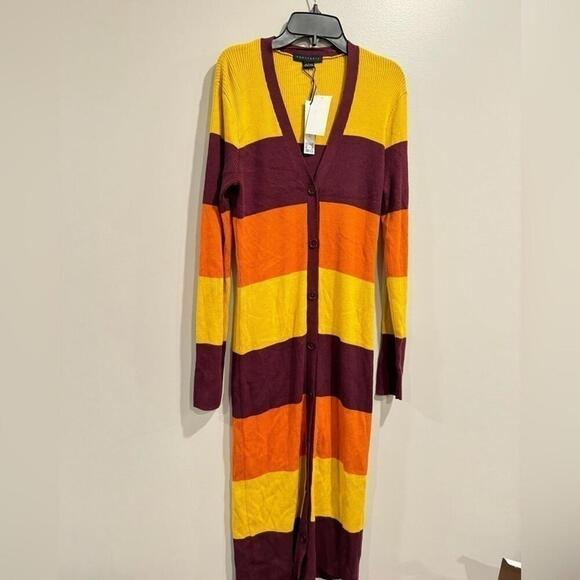Sanctuary Women's Striped Longline Cardigan Dress - Dark Cherry / Pumpkin New L - Picture 6 of 8
